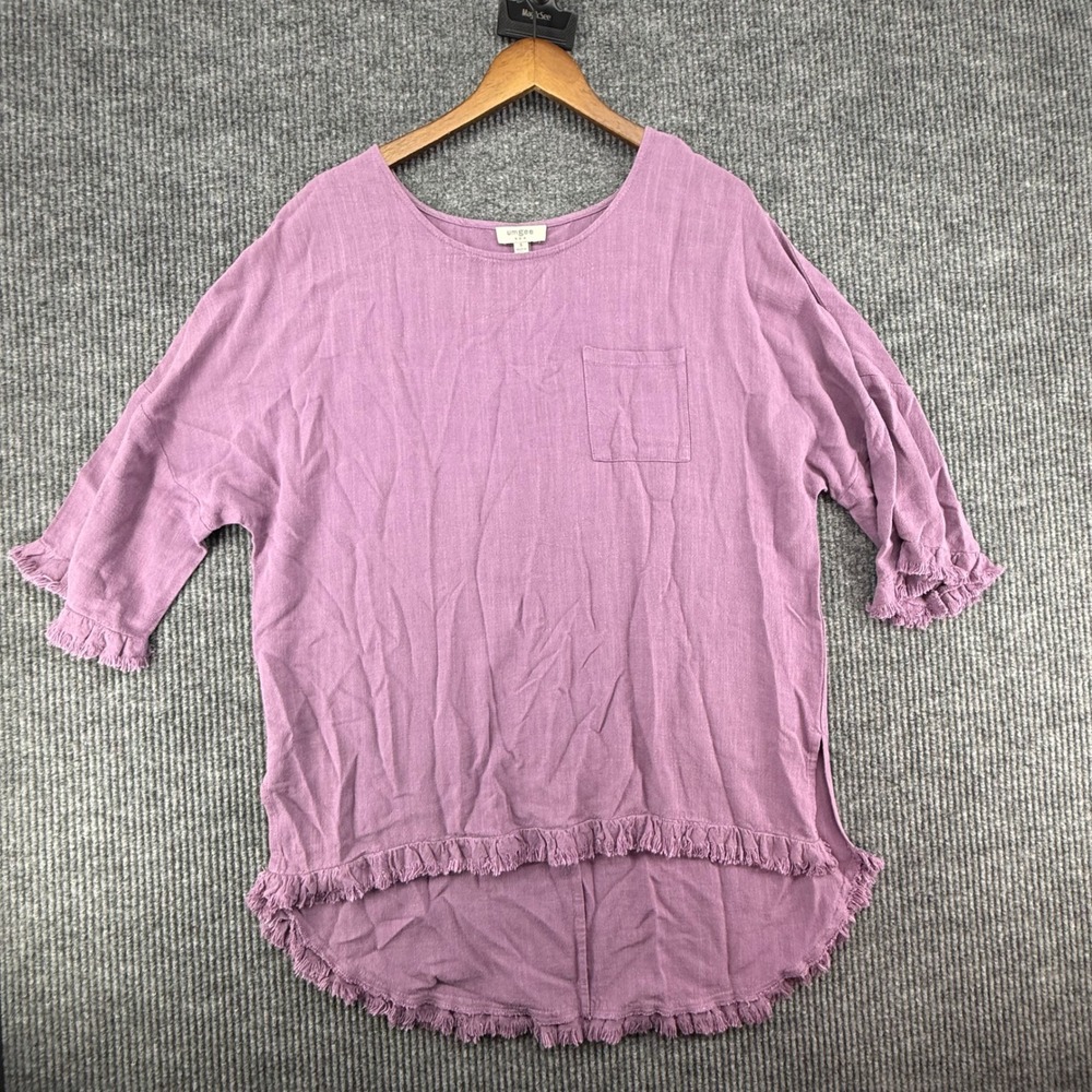 Umgee Tunic Top Womens Small Purple Excellent Linen Blend Frayed Ruffle Hem